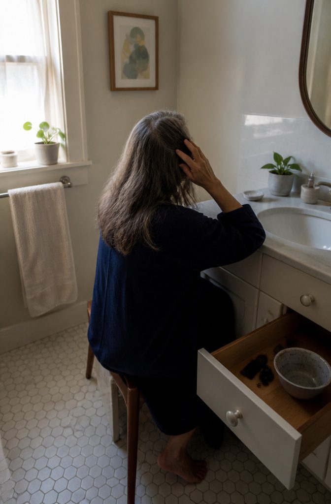Woman looking in mirror at visible silver roots during gray transition