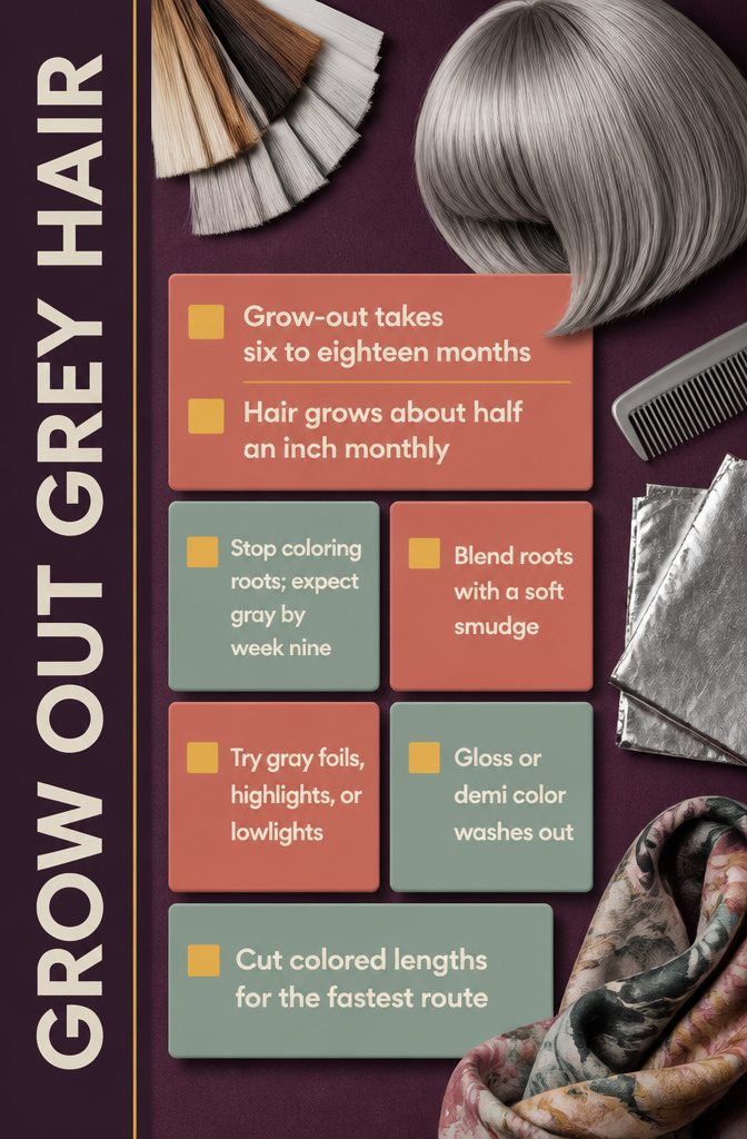 Hair transition chart showing ways to grow out gray roots