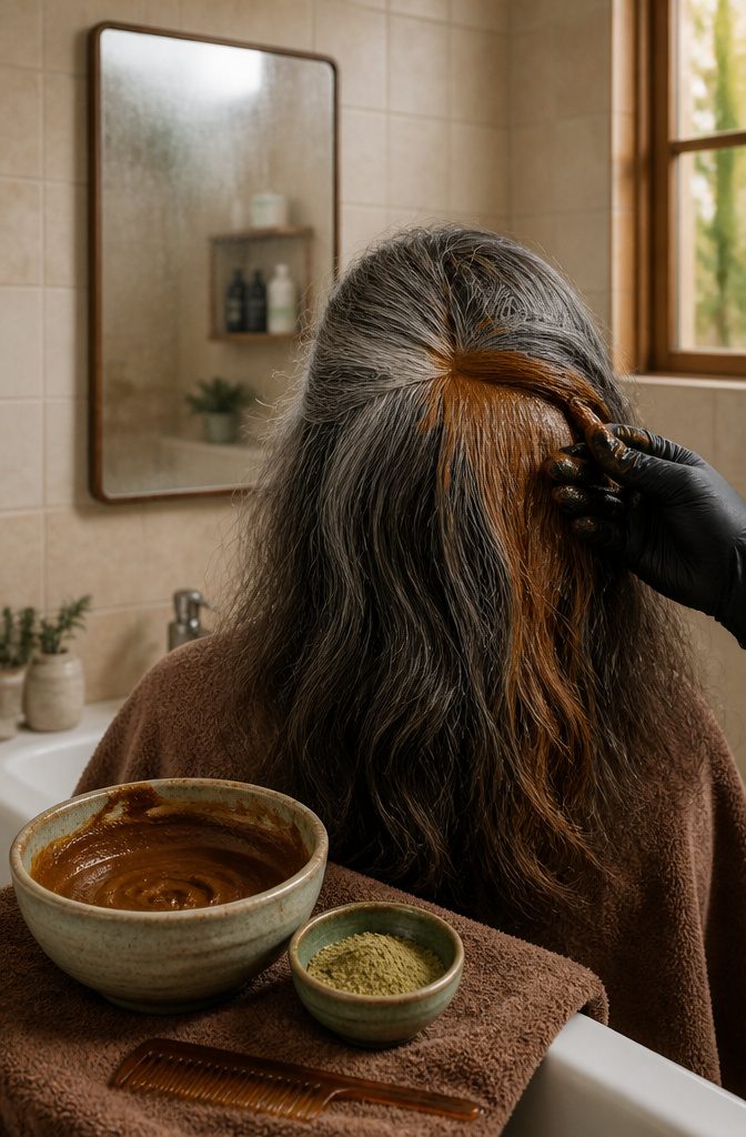 Gloved hand applying copper henna paste to naturally gray hair