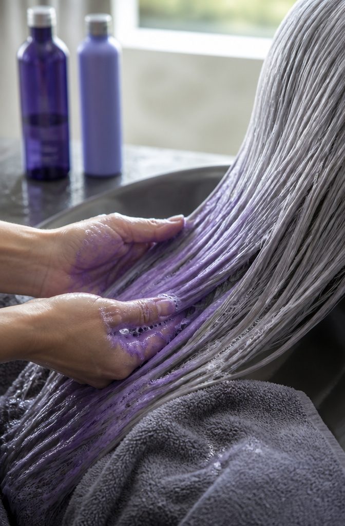 Silver hair beside violet shampoo and clarifying shampoo bottles