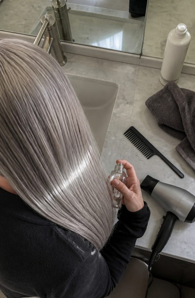Clear serum being applied to damp silver hair before heat styling