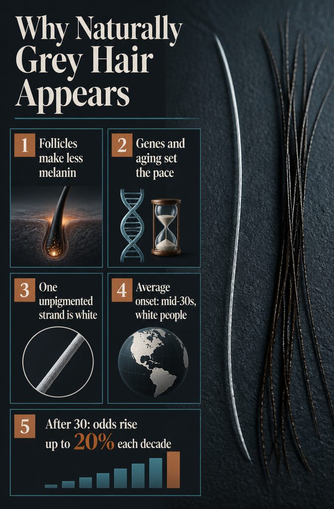 Hair follicle diagram showing melanin loss and naturally gray strands