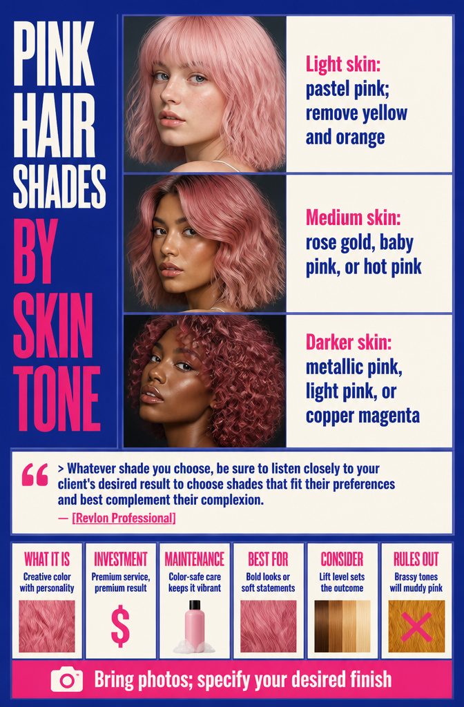Pink hair shade chart arranged by skin tone with light medium and darker ranges