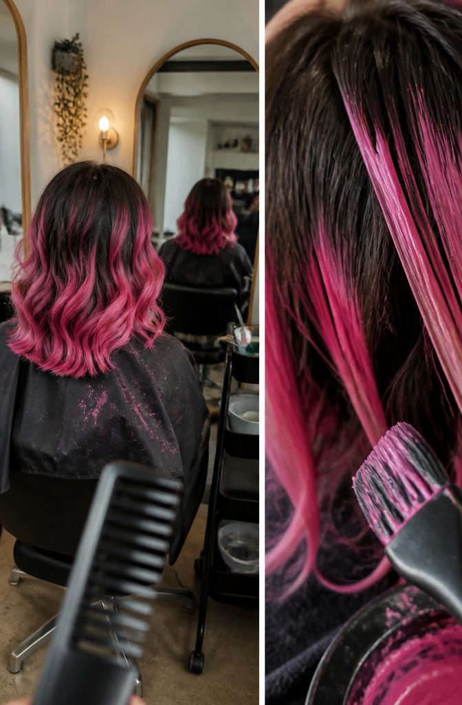 Hair with dark roots and bright pink ends showing a gradual color transition