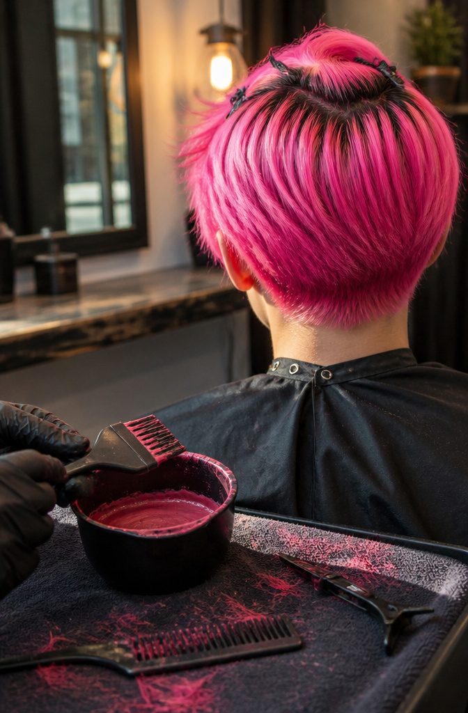 Neon pink hair shown in a vivid shade with sharply defined strands