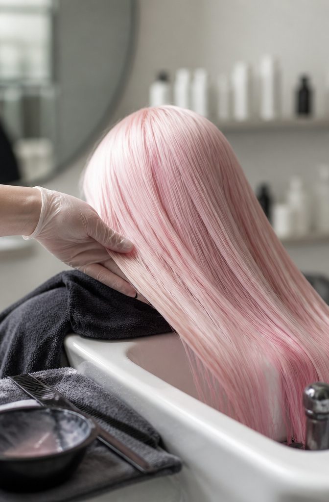 Light pink hair beside a softly lit face with a gentle complexion contrast