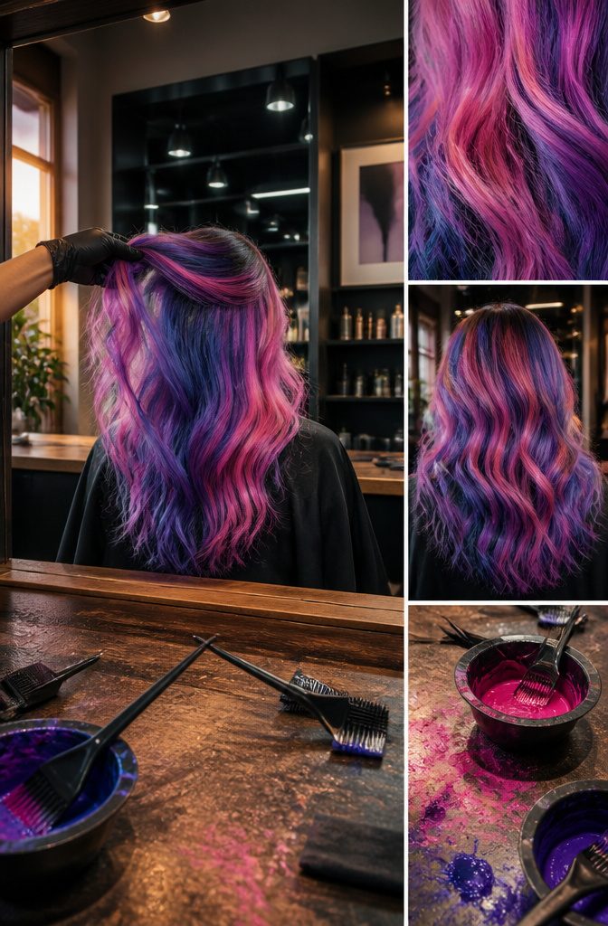 Hair colored in blended sections of neon pink blue and purple
