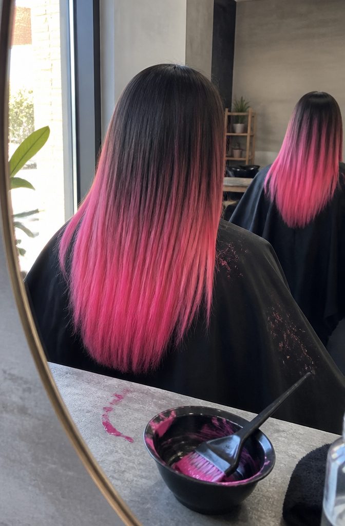 Back of a model's head with dark roots fading into pink ends at a salon station