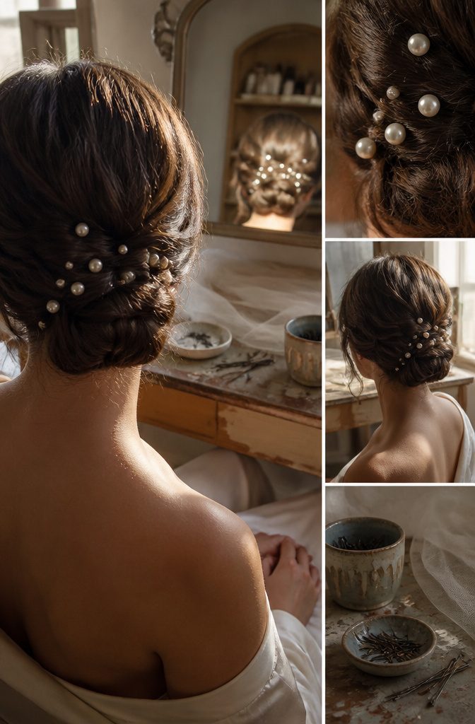 Elegant bridal upstyle with single pearls placed through the hair
