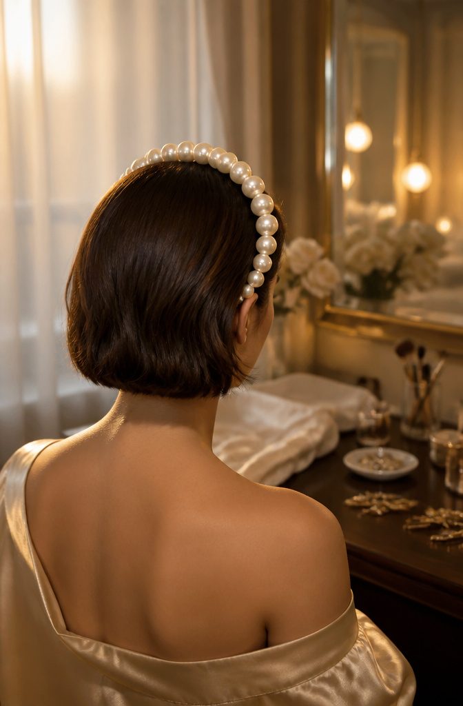 Bride wearing a pearl headpiece with a simple hairstyle