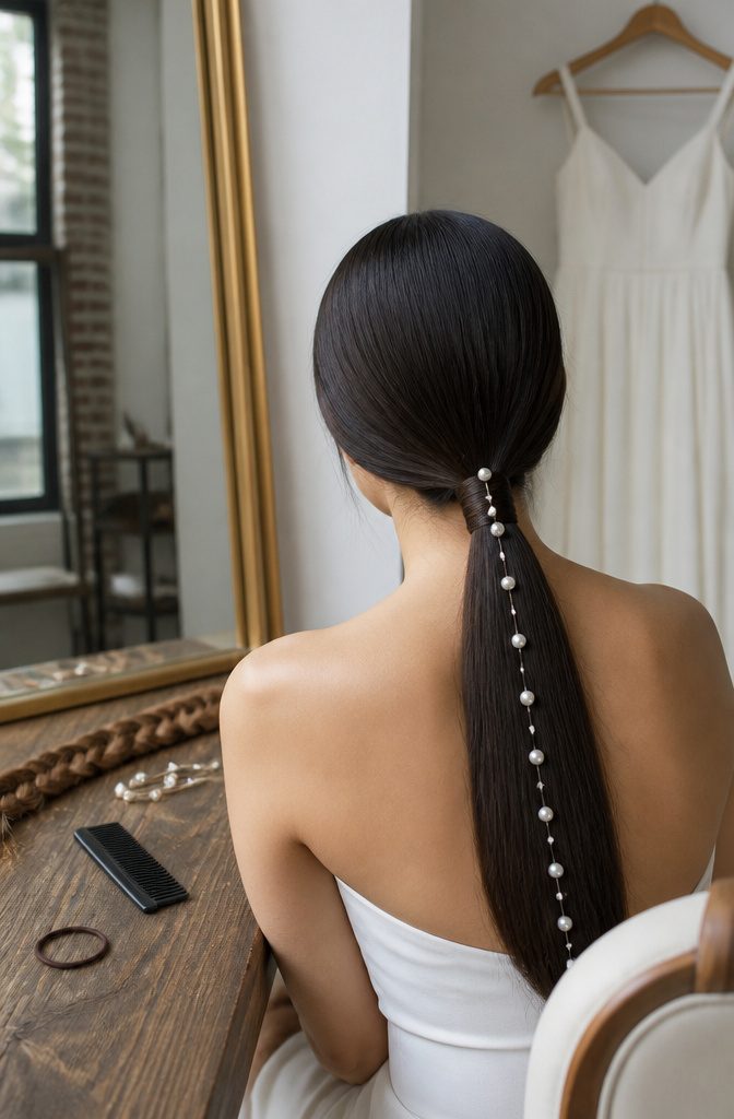 Low ponytail with small pearls attached in a continuous line