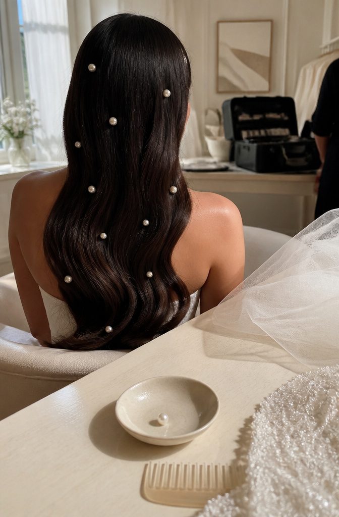 Individual ivory pearls tucked through sleek dark hair