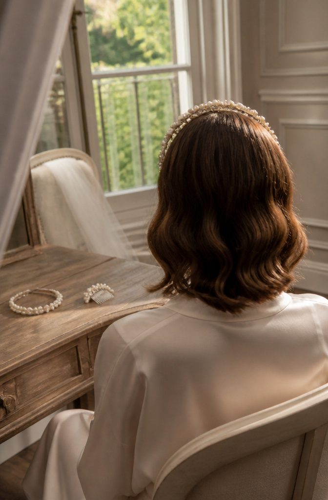 Pearl crown and tiara displayed as bridal hair accessories
