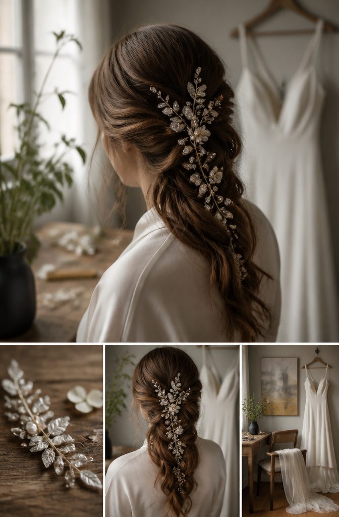 Pearl hair accessories mixed with crystals leaves and ceramic flowers