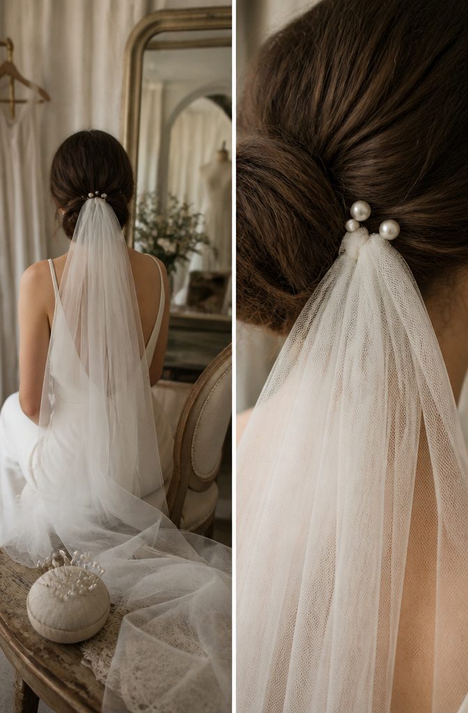 Small pearl pins placed beside a bridal veil and smooth updo