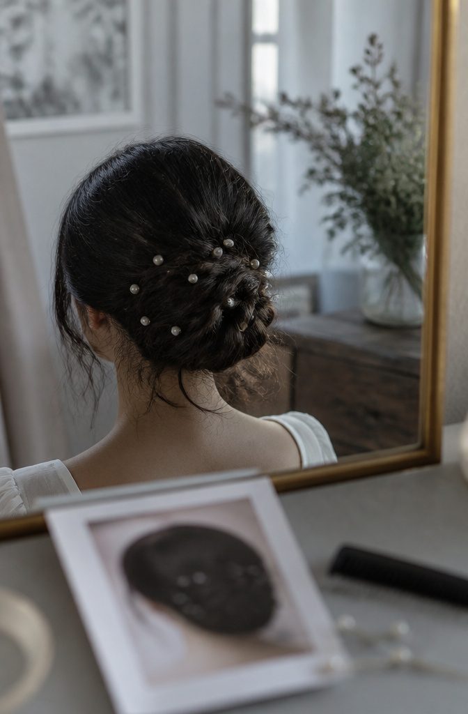 Small pearl pins scattered across a sleek dark low bridal bun