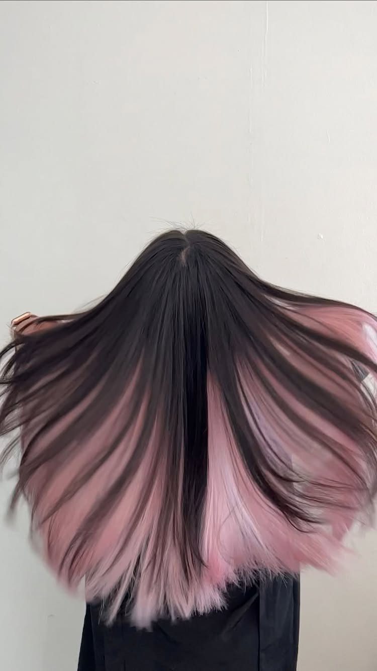 Dark hair fanned out to reveal pale pink peekaboo color underneath
