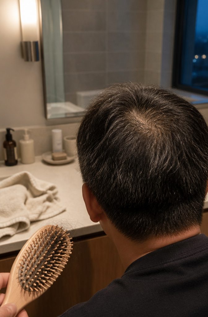 Sparse scalp patch with gray and white hairs among thinning dark hair