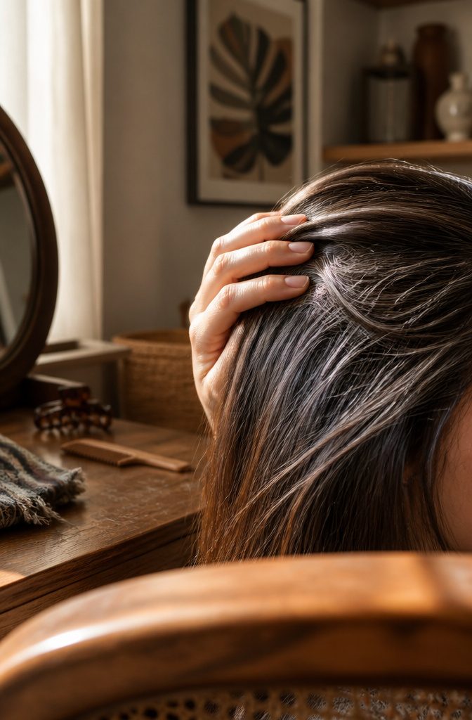 Gray strands standing out among dark hair on a person’s head