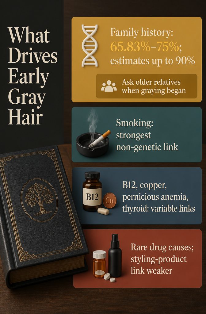 Information graphic listing genetic and medical causes of early gray hair