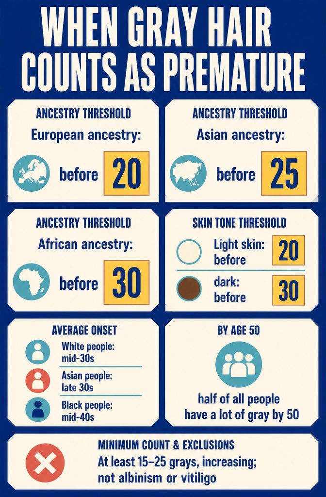 Information graphic showing age cutoffs for premature gray hair