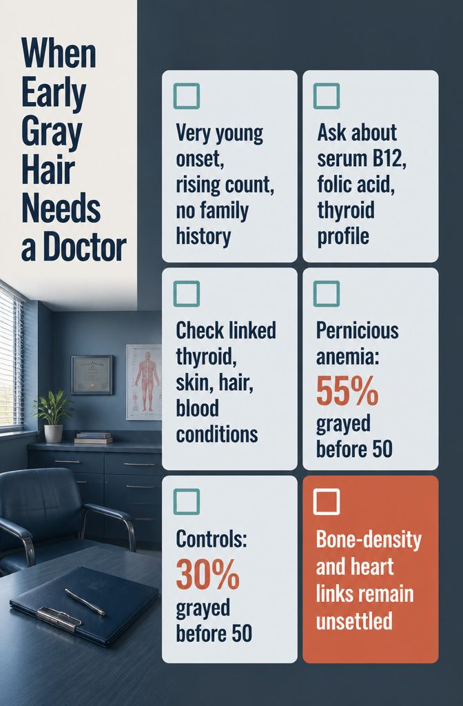Information graphic listing medical warning signs linked with early gray hair