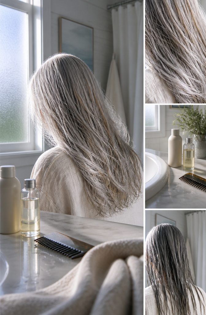 Natural gray hair photographed for an article about hair care