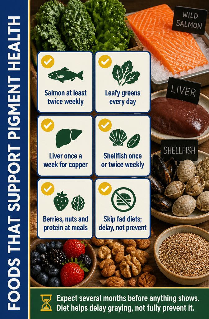 Beauty information graphic titled Foods That Support Pigment Health