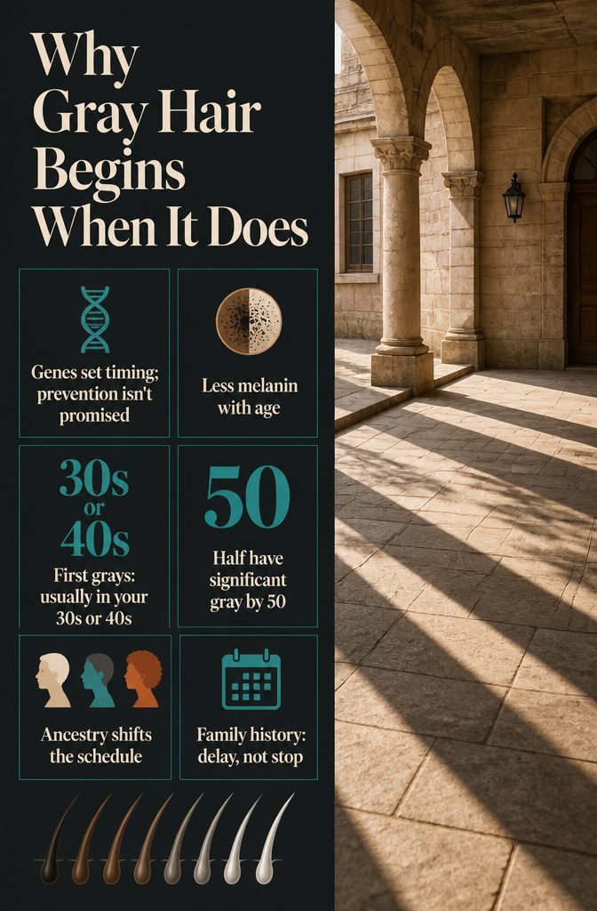 Beauty information graphic titled Why Gray Hair Begins When It Does