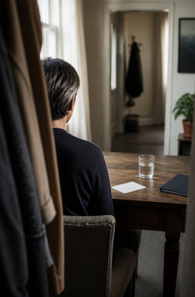 Person seated at home desk with silver temple strands and a blank appointment card