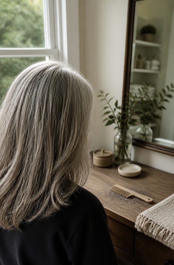 Natural hair with pale white strands among darker pigmented hairs