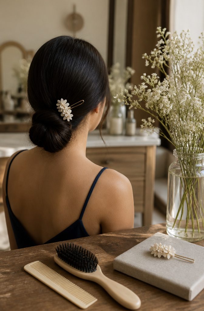 Small ceramic flower clip on sleek dark hair gathered into a low style