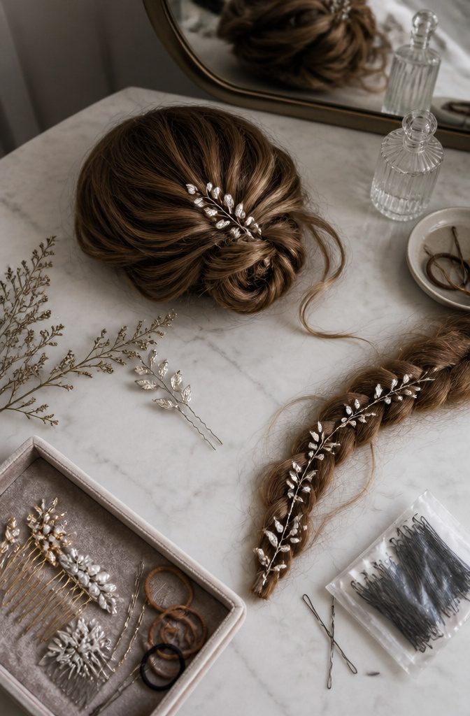 Prom hair accessory photo illustrating pins added to an updo