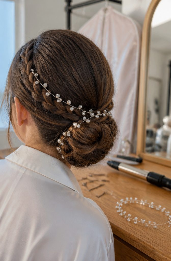 Prom hair accessory photo illustrating a vine placed along a braid or bun