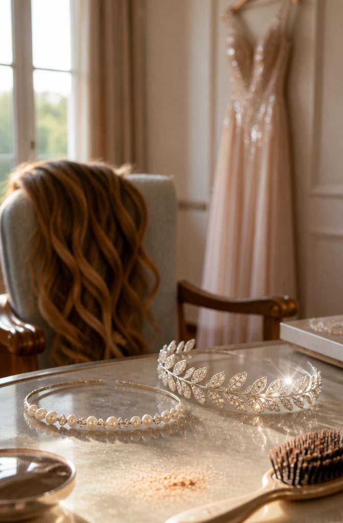 Pearl and crystal headband beside a separate band with pointed crystal leaves