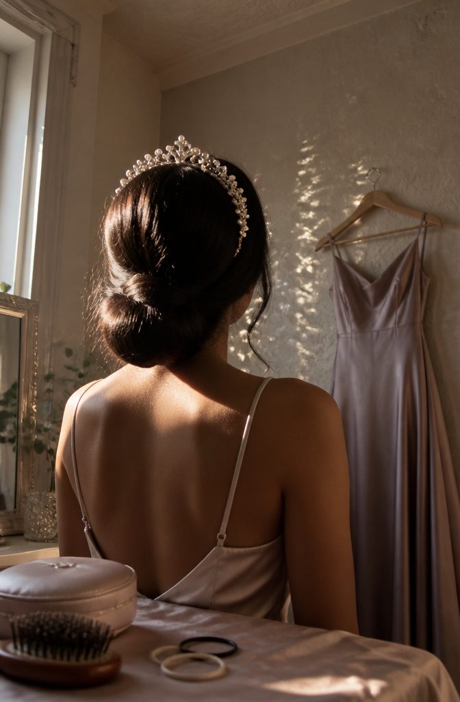 Prom hair accessory photo illustrating an elaborate tiara worn with simple hair