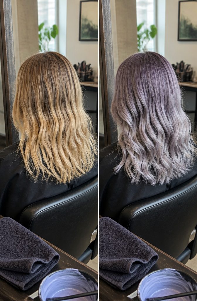 Purple roots blending into silver ends in a two-tone hair color