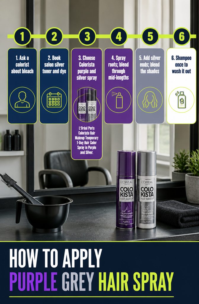 Purple and silver hair color spray applied from roots to ends