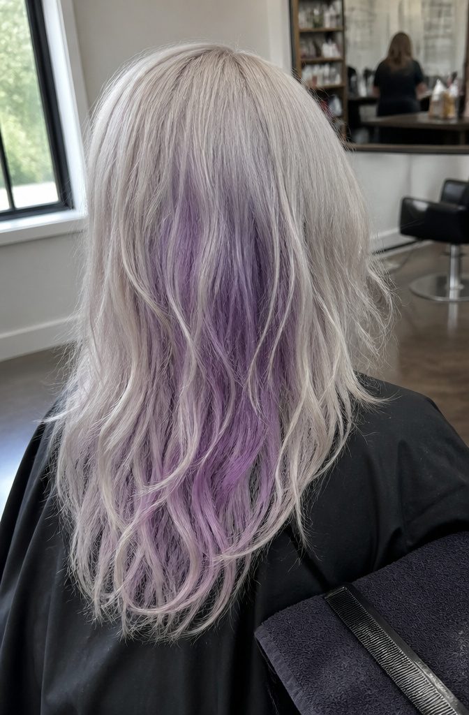 Purple patch next to pale white strands in unevenly lightened hair