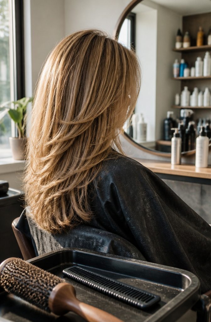 Long layered hair with graduated face-framing pieces
