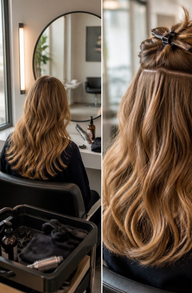 Layered hair with loose waves and a smooth glossy finish