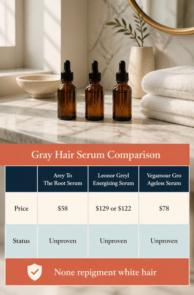 Gray hair serum comparison listing Arey, Leonor Greyl and Vegamour products