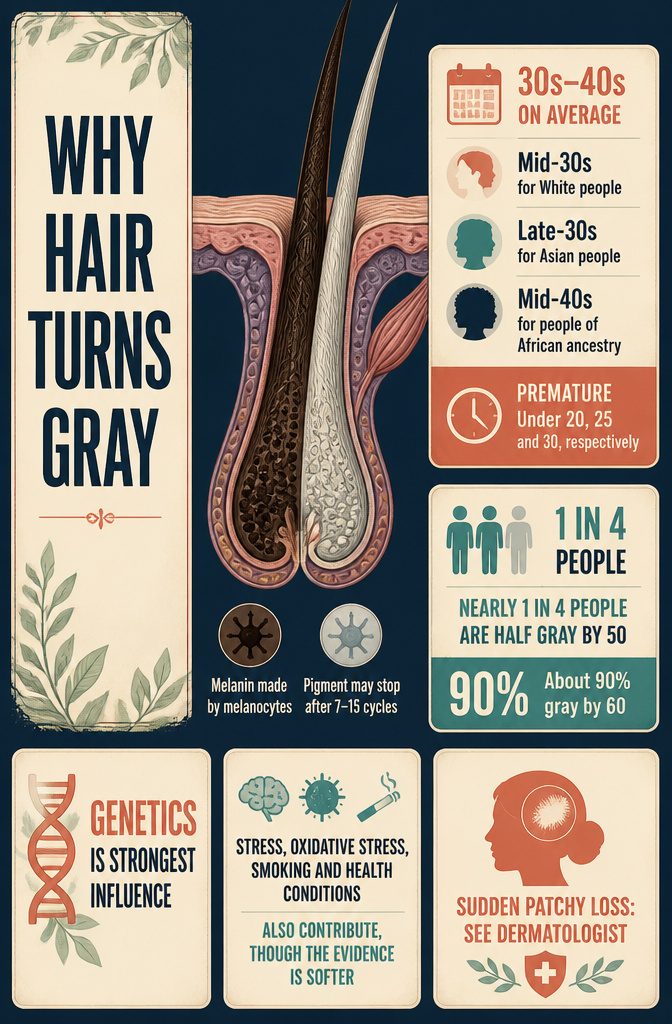 Gray hair diagram with melanin, melanocytes, genetics, stress, smoking and health conditions
