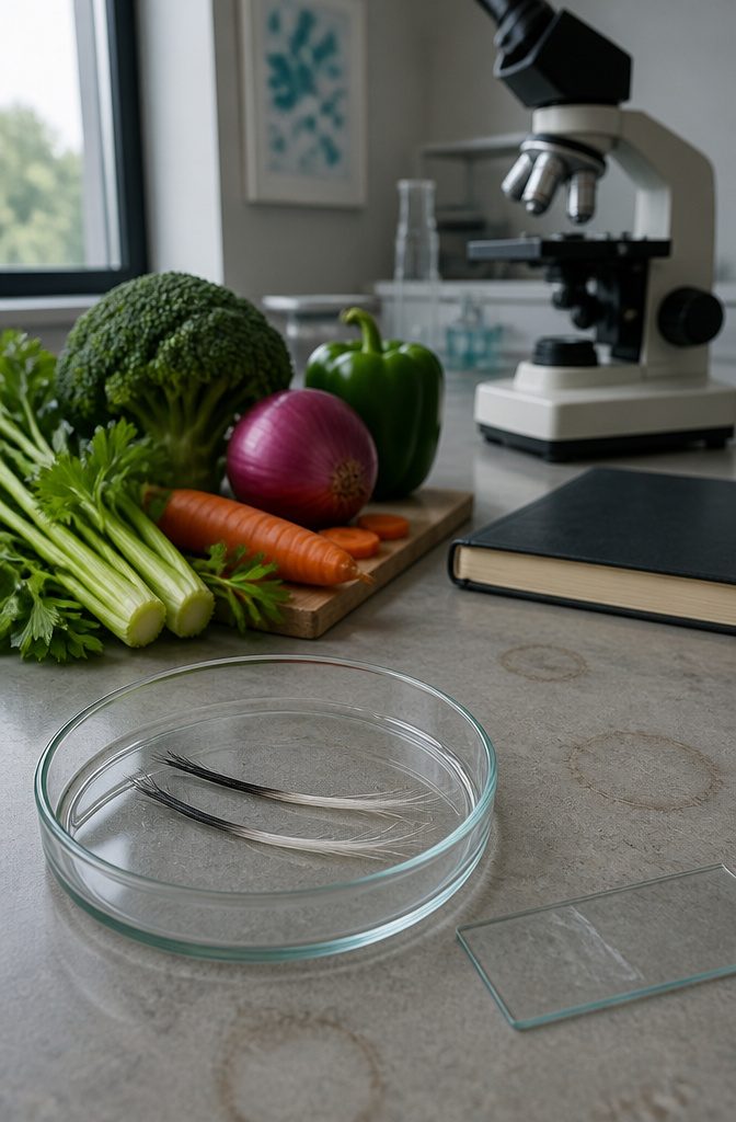 Three white-tipped hairs beside celery, broccoli, carrots, onions and peppers