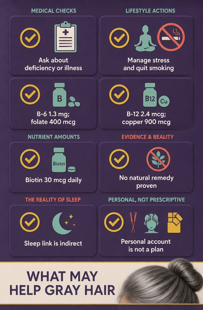 Gray hair guidance chart with deficiency checks, stress management, smoking cessation and supplements