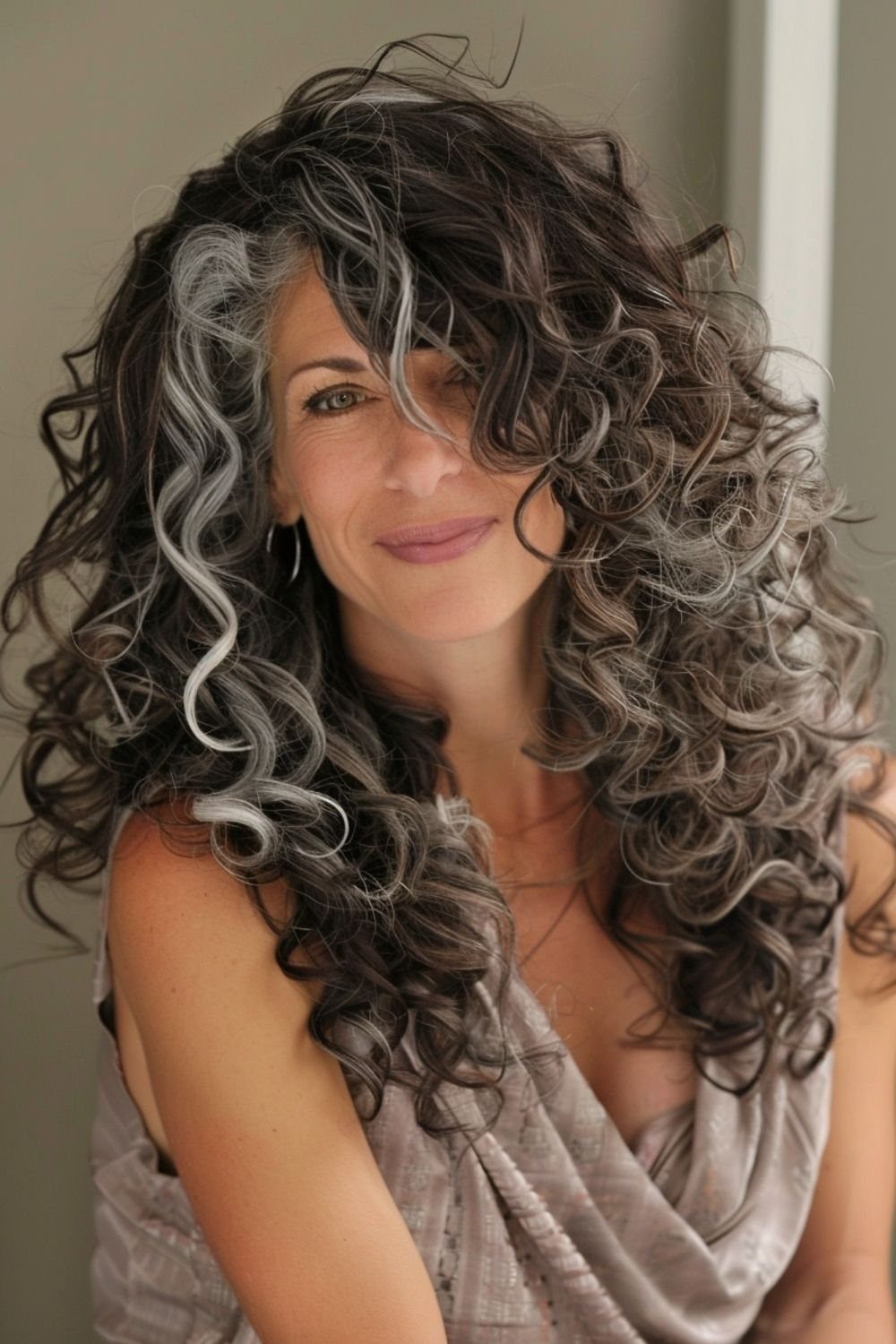 Woman with long natural black curls and silver-gray streaks framing her face