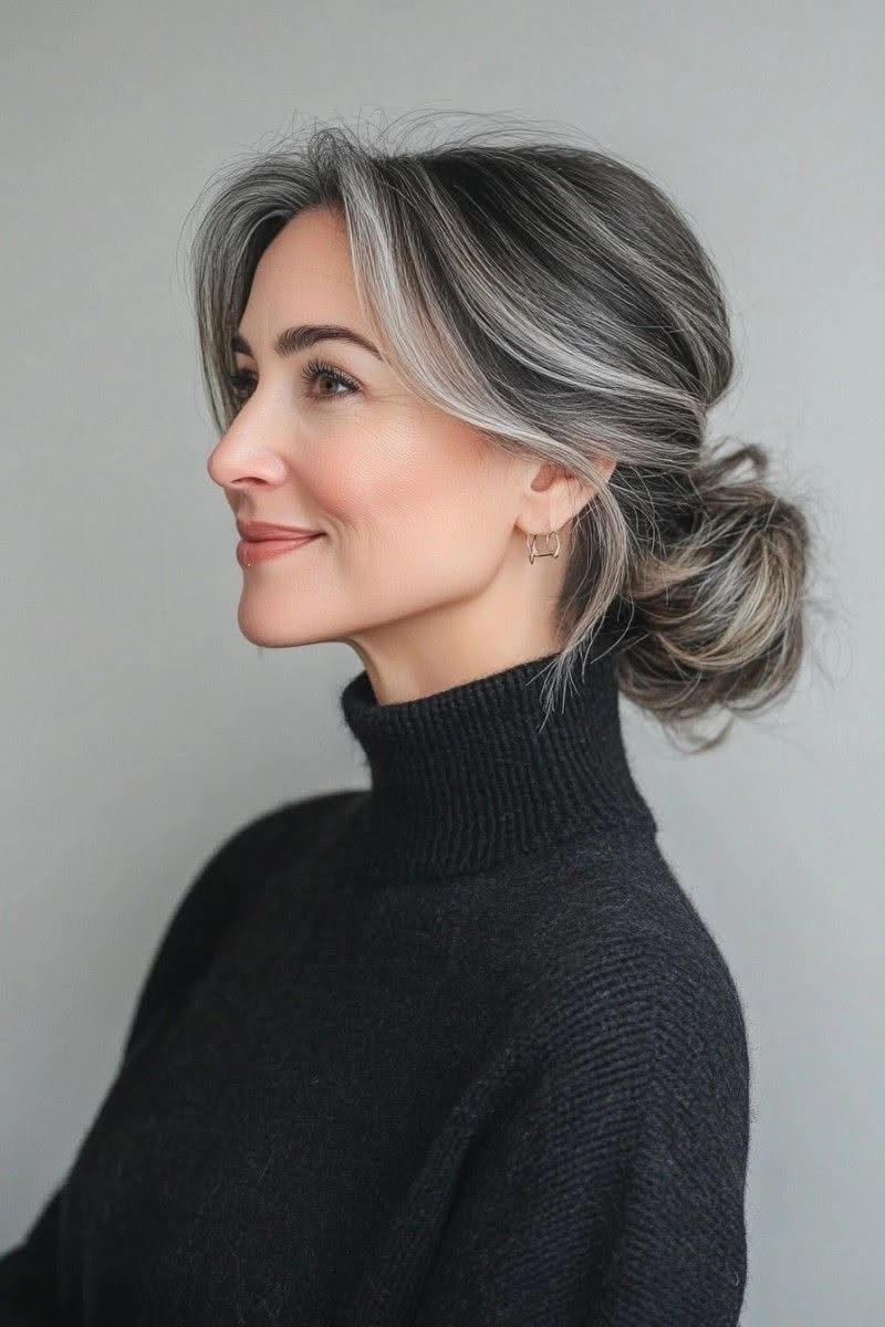 Woman with silver-streaked dark hair gathered into a loose low bun
