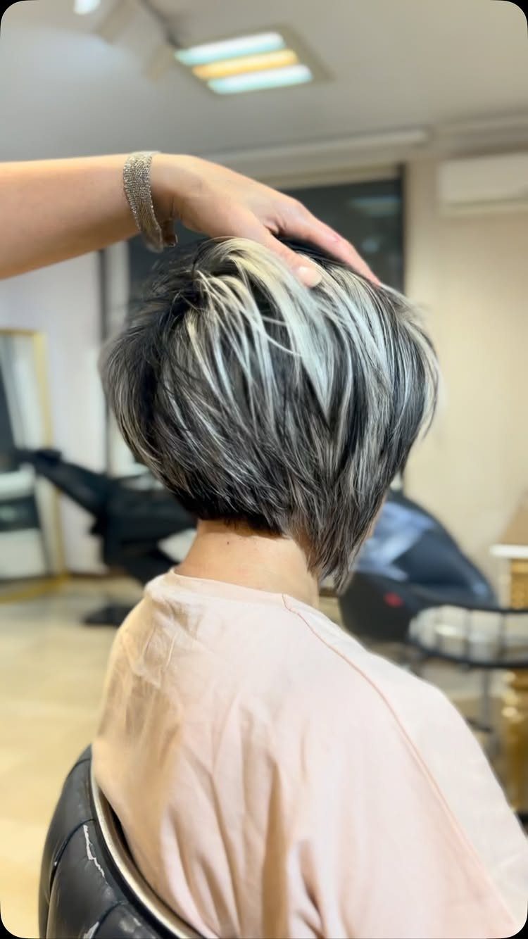 Layered silver-gray bob with dark roots styled at a salon