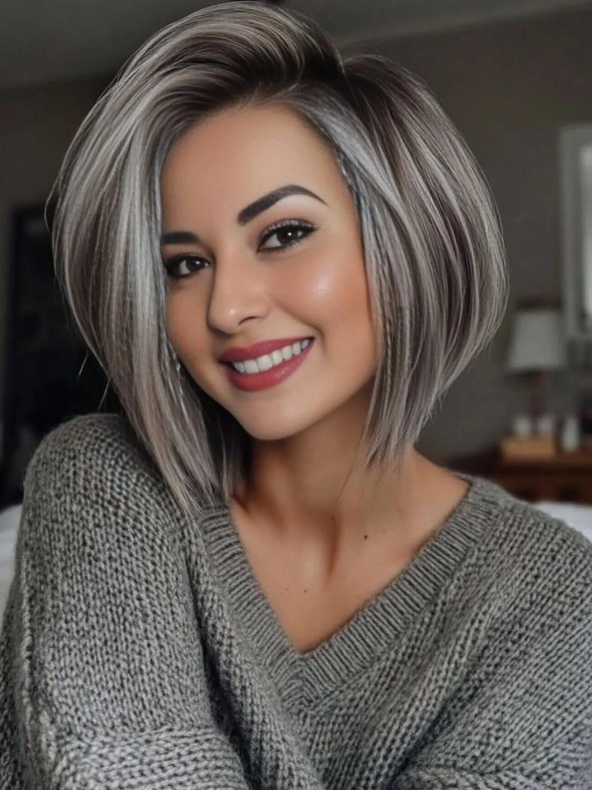 Woman with a pearl-gray bob and side part, wearing a gray knit sweater