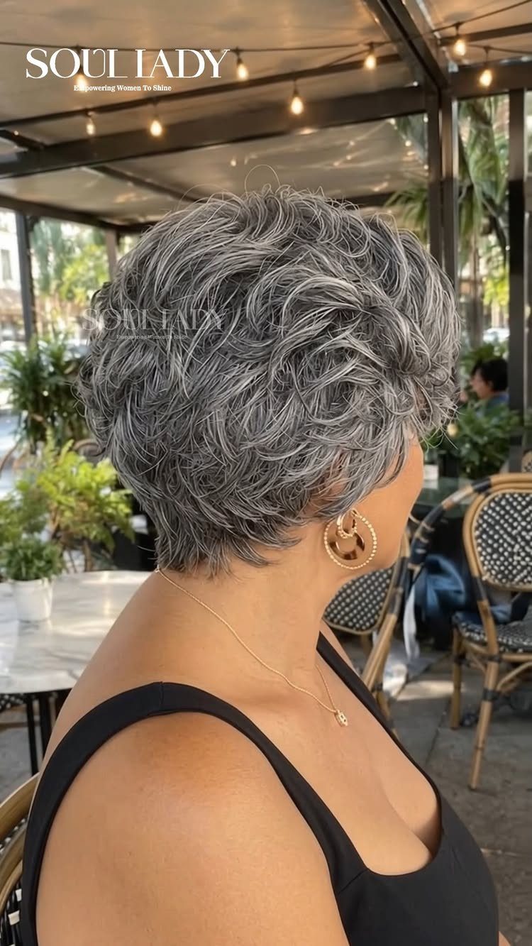 Rounded gray curls frame a woman's head in a layered, voluminous short haircut